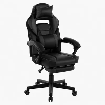 Obrázok produktu pre Ergonomická herná stolička – kancelárska stolička – vysoké operadlo – nastaviteľná výška – výsuvná podnožka – bedrová opierka – opierka hlavy – otočná o 360° – čierna