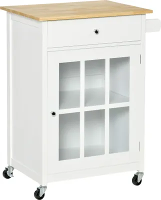 Image de HOMCOM Desserte de cuisine à roulettes multi-rangement - placard porte vitrée avec étagère réglable, tiroir, porte-torchon - blanc aspect chêne clair