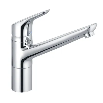A studio shot of a chrome faucet against a white background.
