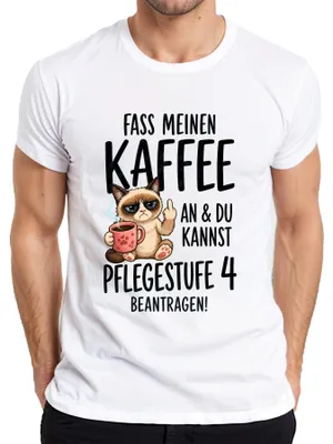 Zdjęcie produktu dla Koszulka męska "Fass meinen Kaffee an Pflegestufe 4 Katze Statement Sarkasmus", biała, rozmiar 3XL