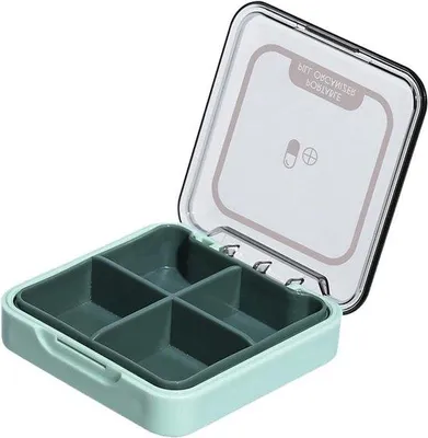 Imagen del producto de Organizador de pastillas con tapa transparente para medicamentos y suplementos. Práctico dispensador de pastillas para viajes. Color verde. Formato compacto
