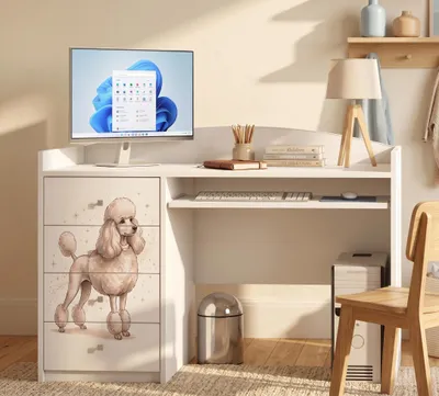 Immagine prodotto di Scrivania grande per bambini, 125x60 cm, bianca, con 4 cassetti. Scrivania per studenti con decorazioni, scrivania per computer, scrivania per studio per bambini e adolescenti, Immagine generata dall'IA