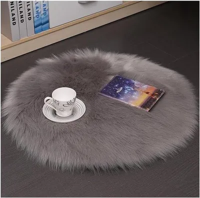Productafbeelding van SnelShoppen - Lambskin Schapenvacht Rond Vloerkleed Faux Bont Wasbaar Zacht Fluffy Langhaar Stoelkussen Imitatie Wol Bedmat Sofa Mat Lichtgrijs 40 x 4