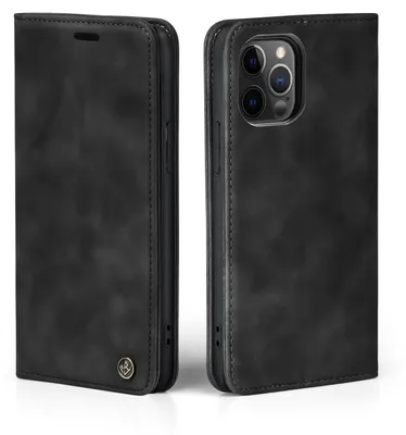 A black flip case for an iPhone is shown from two angles.