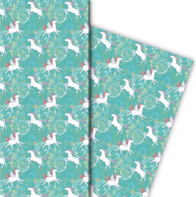 Produktbild von Einhorn Geschenkpapier mit Herzen auf türkis - G7647, 32 x 48cm