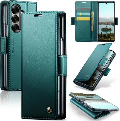 Produktbild von Lederhülle für Samsung Galaxy Z Fold 7 Brieftasche Kartenfach Schutzhülle mit Standfunktion Grün