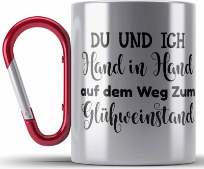 Produktbild von Trendation - Glühwein Edelstahl Tasse Karabiner Lustig Spruch Glühweinbecher mit Henkel Doppelwandig GlühweinEdelstahl Tasse Karabinern Gläser Weihnachtsmarkt Becher Edelstahl Tasse Karabinern Geschenk - Du Und Ich (Rot)