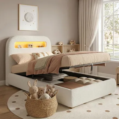 Produktbild von Flieks Hydraulisches Polsterbett 90x200cm mit Led, Kinderbett Einzelbett mit Stauraum, Jugendbett Stauraumbett mit Lattenrost, Bouclé, Weiß