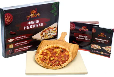 A pizza stone set is displayed with its packaging and a cooked pizza.