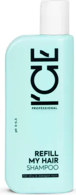 A light blue bottle of ICE PROFESSIONAL Refill My Hair Repair Shampoo.