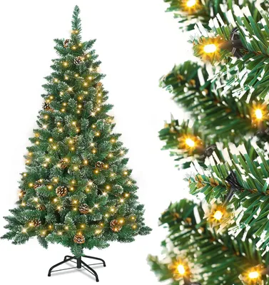 Productafbeelding van TRMLBE Kunstkerstboom, 240 cm met topstuk + LED-verlichting. Snel op te zetten, inklapbaar schermsysteem. Kunstboom met metalen voet. Kerstboom, kerstdecoratie - PVC met dennenappels + LED