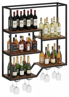 Produktbild von COSTWAY Weinregal Wand, Bar Regal mit 6 Regalböden & 4 Glashalter, Flashenregal Metall, Weinflaschenregal, Flaschenhalter für Bar, Küche, Braun
