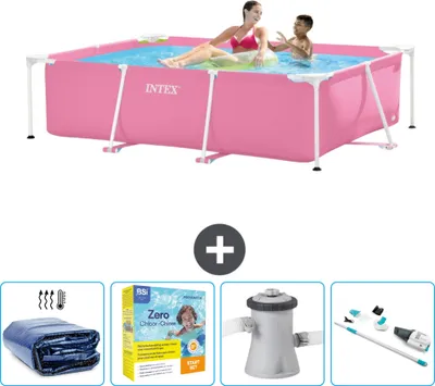 Zdjęcie produktu dla Basen Intex z prostokątną ramą - 220 x 150 x 60 cm - różowy - zawiera markizę - pakiet konserwacyjny - pompę filtrującą do basenu - odkurzacz