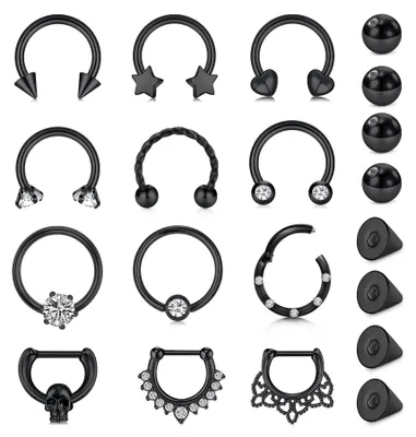 Obrázok produktu pre Sada na piercing nosovej prepážky - 20 kusov - 16G chirurgická oceľ - prstencové piercingy/nosové piercingy - 12 štýlov - 8 vymeniteľných guličiek - odolná a flexibilná konštrukcia