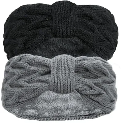 Warme gestrickte Stirnband für Damen und Mädchen - 2 Stück (schwarz und grau)
