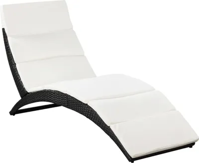 A white-padded black rattan chaise lounge is shown against a white background.