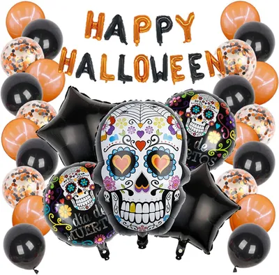 Immagine prodotto di Set di ghirlande, palloncini a forma di teschio, colori nero e arancione, per feste di Halloween