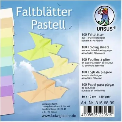 Produktbild von Tonpapier-Faltblätter 130g/qm Pastellfarben 10x10cm VE=100 Blatt 10 Farben sortiert
