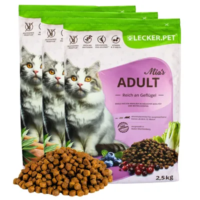 Produktbild von 7,5 kg Lecker.Pet® Mia's Adult Herzhaftes Geflügel Katzenfutter Trockenfutter Vollnahrung