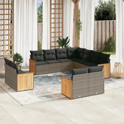 Produktbild von Design 11-tlg. Garten-Sofagarnitur mit Kissen Grau Poly Rattan, Gartenmöbel-Sets 2024 Neu
