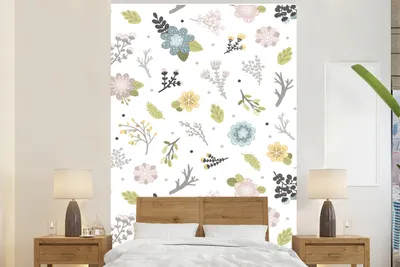Produktbild von MuchoWow® Fototapete für Wohnzimmer oder Schlafzimmer Wandtapete Vinyl Motivtapete Muster - Blumen - Zweige - 225x350 cm - Schlafzimmer tapete