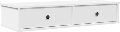 A white wooden shelf with two drawers and black knobs.
