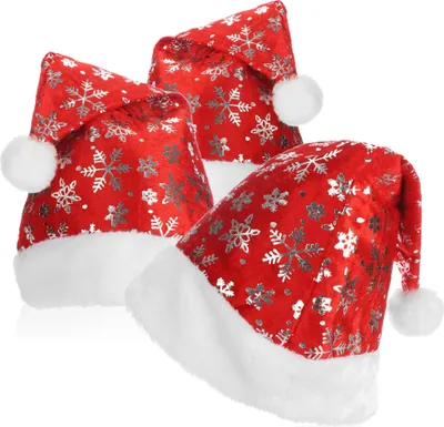Produktbild von com-four® 3x Weihnachtsmütze mit Bommel - X-Mas Nikolausmütze - Veloursmütze mit Plüschrand für Nikolaus und Weihnachten - Mütze mit Schneeflockendesign