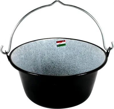 A black enamel cauldron with a metal handle, shown against a white background. A small Hungarian flag sticker is visible on the inside rim.