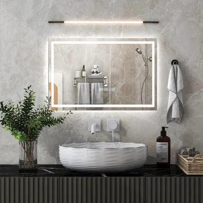 Obrázok produktu pre LED zrkadlo do kúpeľne s dotykovým ovládaním, funkciou proti zahmlievaniu, stmívateľnosťou, 3 farbami svetla, zobrazením času a teploty, rozmer 60 x 40 cm