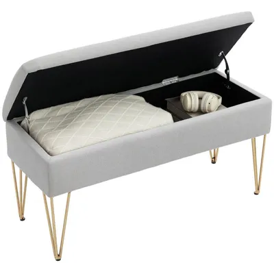 Produktbild von Bettbank – Gepolsterte Bank – Gepolsterter Sitz – Sitzgelegenheit – Fußhocker – Mit verstecktem Staufach – 100 x 40 x 49 cm – Hellgrau