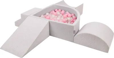 Produktbild von KiddyMoon spielplatz aus schaumstoff mit viertel eckig bällebad (300 bälle) hindernisläufe, hellgrau:puderrosa/perle/transparent