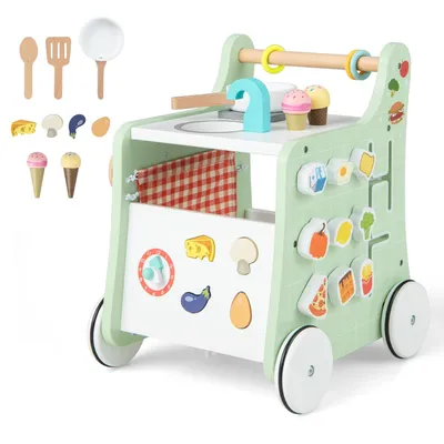Produktbild von GOPLUS 6 in 1 Lauflernhilfe aus Holz, Lauflernwagen mit Spielküche, Formanpassung, beweglichem Schieber & Lernuhr, Ergonomischer Baby Walker mit Rädern für Kinder ab 12 Monaten