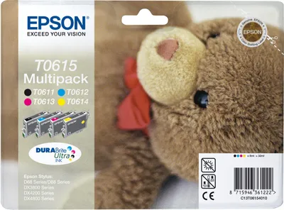 Zdjęcie produktu dla Epson Teddybear Multipack 4-kolorowy T0615 DURABrite Ultra Ink, Czarny, Cyjan, Purpurowy, Żółty, 1 szt., Multipak