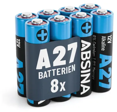Produktbild von ABSINA 8x 27A 12V Batterie für Garagentoröffner und vieles mehr - Batterie 27A 12V Alkaline mini auslaufsicher, lange Haltbarkeit