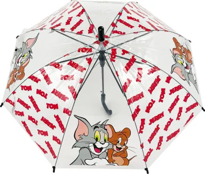 Produktbild von Tom und Jerry Kinder Regenschirm transparent weiß rot offiziell lizenzierter 82 cm Automatik Stockschirm wetterfest stabil Metallgestell Kunststoffgriff Motiv für Jungen und Mädchen ab 3 Jahren