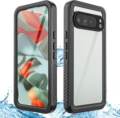 Two phone cases are shown side-by-side, one showing the front and the other showing the back. Water splashes are visible around the bottom of the cases.