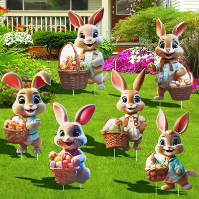 6 Osterhasen-Gartenpfähle, wetterbeständig, für Rasen & Garten