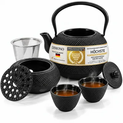 Produktbild von Dimono Gusseisen Teeservice Set Schwarz – 1,3 L Teekanne mit Stövchen & 2 Tassen (80 ml) – Handgefertigt, Emailliert & feine Noppenstruktur