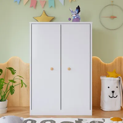 Produktbild von okwish Kleiner Kleiderschrank mit Stange, 2-türiger Kleiderschrank, Schlafzimmer, Wohnzimmer, Kinderkleiderschrank, MDF, Weiß