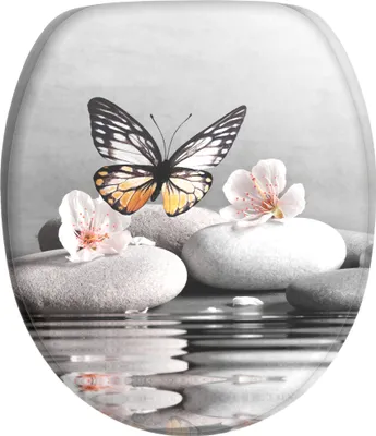 A serene scene with a butterfly, flowers, and stones reflected in water.
