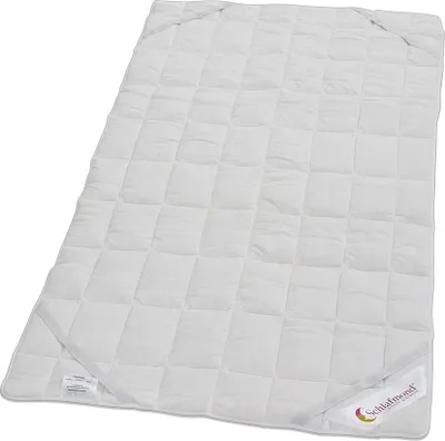 A white quilted mattress topper is laid out flat on a white background.