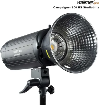 Immagine prodotto di Walimex pro Campaigner 600 HS flash da studio con ricevitore integrato da 2,4 GHz, unità flash 600 Ws con riflettore, flash fotografico con tempo di accensione rapido, luce di modellazione a LED e pannello di controllo