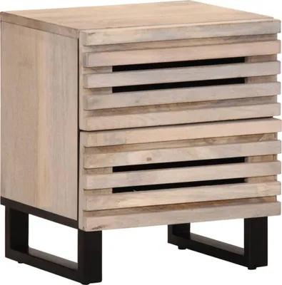 A product shot of a wooden nightstand with black metal legs against a white background.