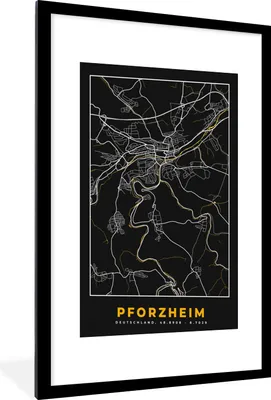 Produktbild von MuchoWow® Gerahmtes Poster Pforzheim - Gold - Karte - Deutschland - Karte 60x90 cm - Poster mit Schwarzem Bilderrahmen Wandposter Rahmen Foto Bilder - Dekoration - Wandposter Wohnzimmer - Hochwertig