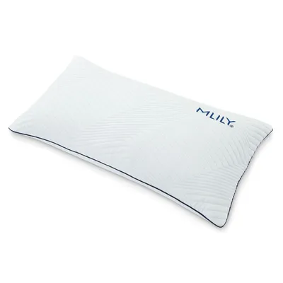 A white pillow with a blue logo and trim, shown at an angle on a white background.