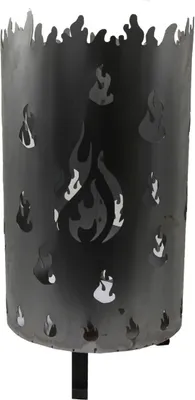 A black metal fire pit with flame cutouts, shown on a white background.