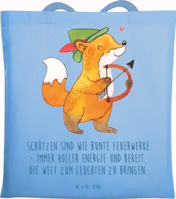 Produktbild von Mr. & Mrs. Panda Tote Bag Schütze Astrologie - Sky Blue - Geschenk, Geburtstagsgeschenk, Sternzeichen, Schultasche, Jutebeutel, Beutel, Geschenkidee, Tierkreiszeichen