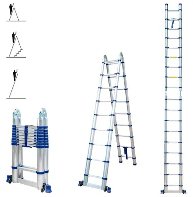 Teleskopleiter mit Scharnier, 5,6 m, 2x9 Stufen, klappbar, Alu
