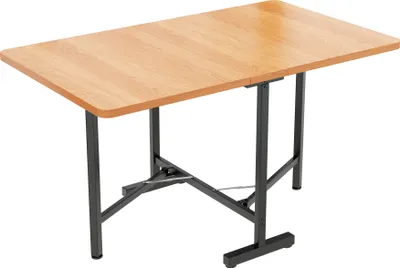 A rectangular wooden table with black metal legs, shown from a slightly elevated angle against a white background.