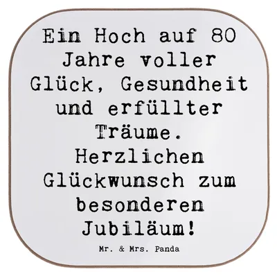 Produktbild von Mr. & Mrs. Panda Untersetzer für Gläser Spruch 80. Geburtstag Freude - Weiß - Geschenk, Glückwunsch, besonderes Jubiläum, Gesundheit, bieruntersetzer, gläseruntersetzer